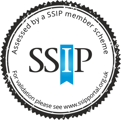 Seal featuring the text "Assessed by a SSIP member scheme" and a blue ribbon logo.